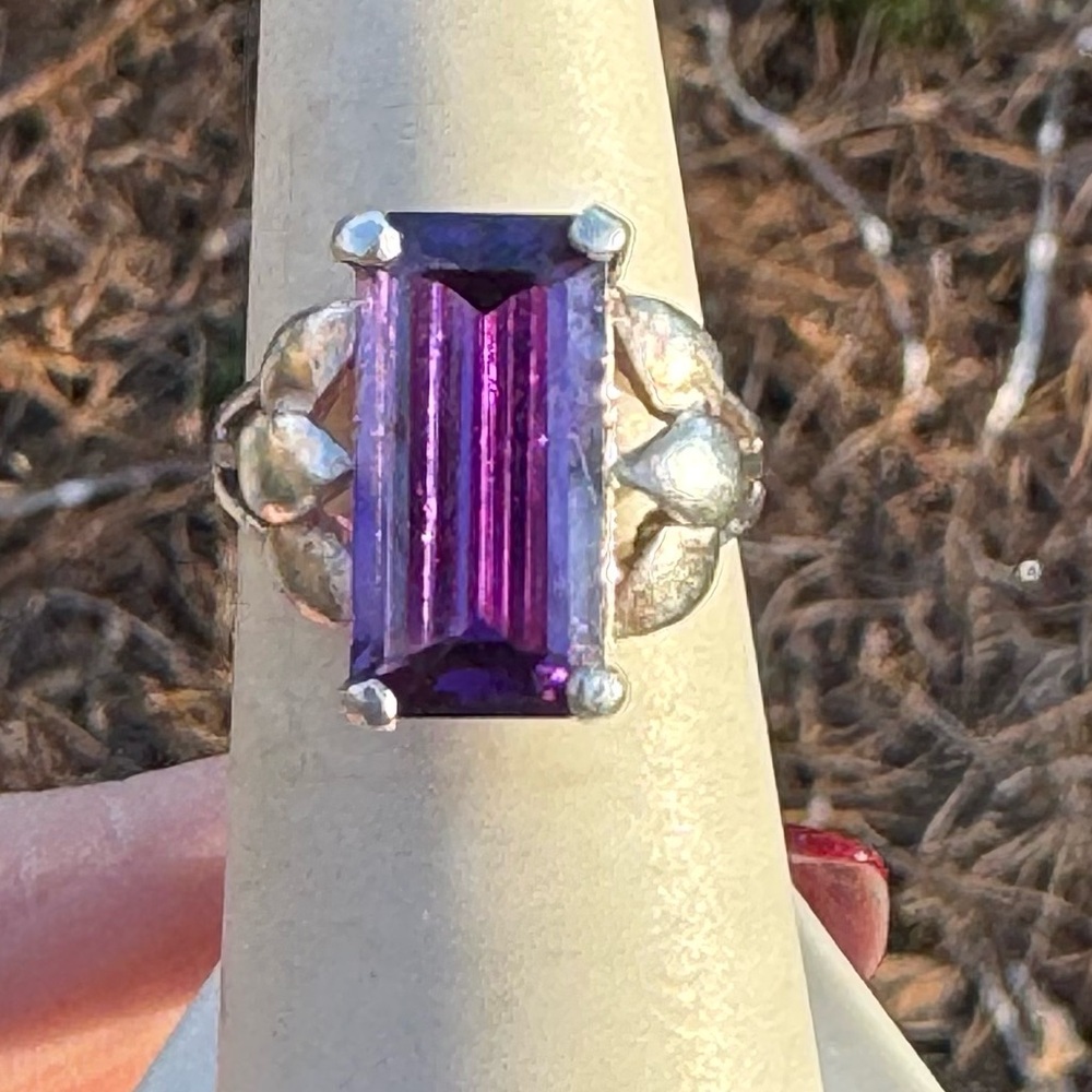925 Rectangular Baguette Cut Amethyst Ring - image 2
